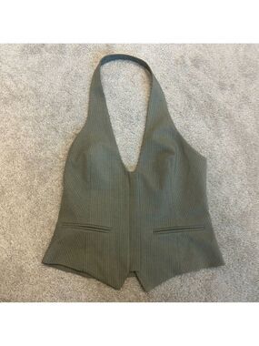 Zara khaki green striped belted halter top full zip front Sz M NWT